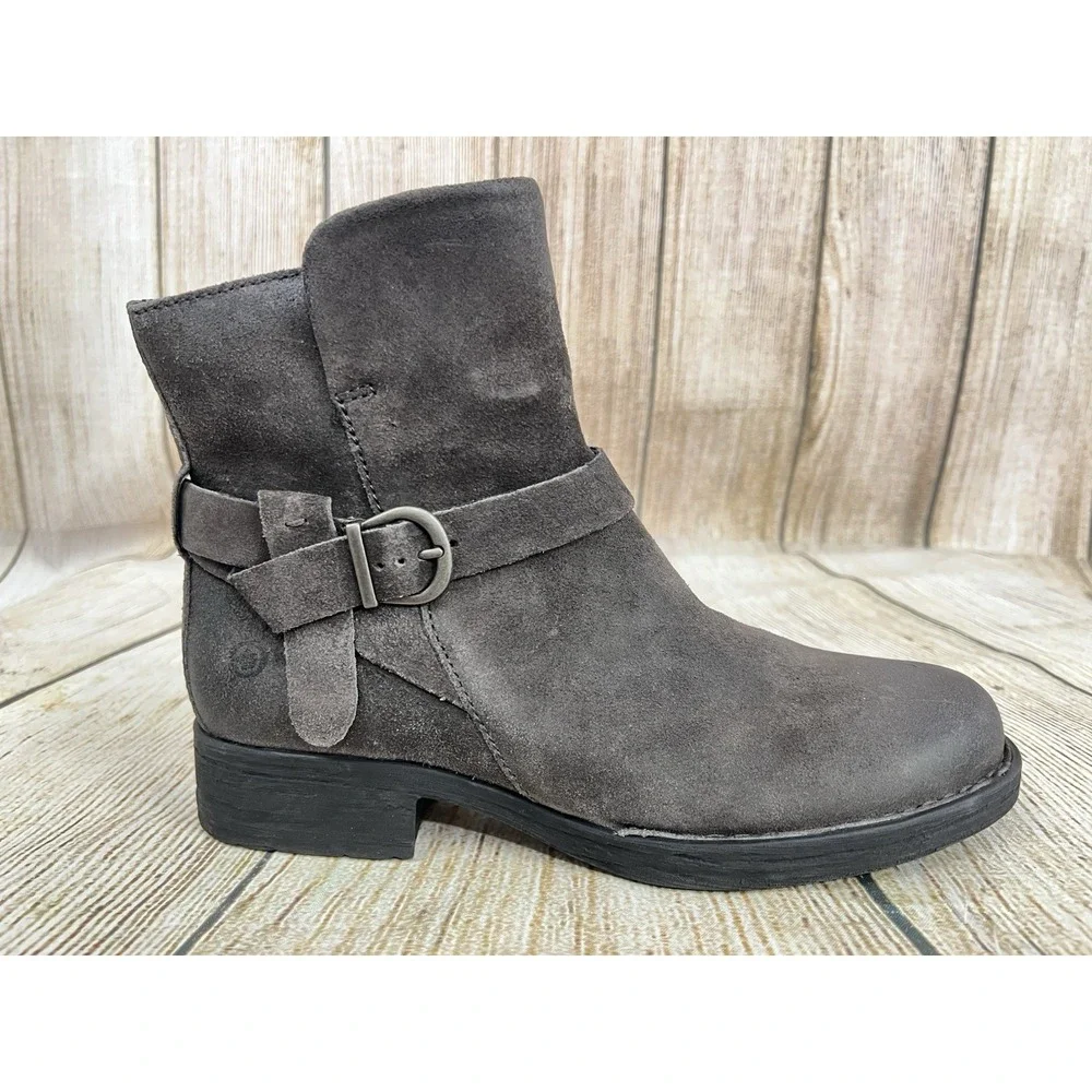 Born Syd Gray Suede Ankle Boots 8.5 M Buckle Moto Western Distressed F50042